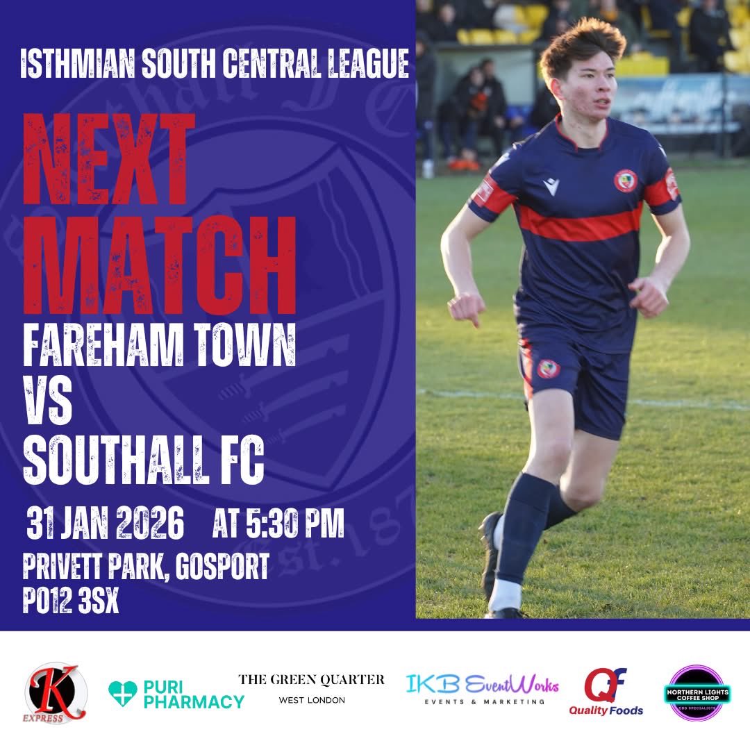 🔴🔵 AWAY MATCH 🔵🔴

PLEASE NOTE: Our next weekend fixture has had a change in venue and kick off time.

🆚 Fareham Town
📆 31/01/2026 - 5:30pm KO
📍 Privett Park, Privett Road, Gosport, Hampshire, PO12 3SX

🔴🔵 UP THE 'ALL 🔵🔴