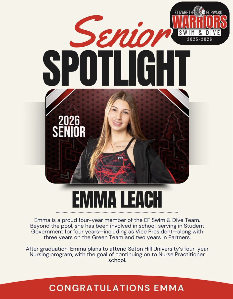 🔴⚫️ EFHS SWIM &amp; DIVE SENIOR SPOTLIGHT ⚫️🔴

Senior Night Meet
🆚 EF vs. Ringgold
📍 EF High School
📅 Thursday, January 29th
⏰ 6:00 PM