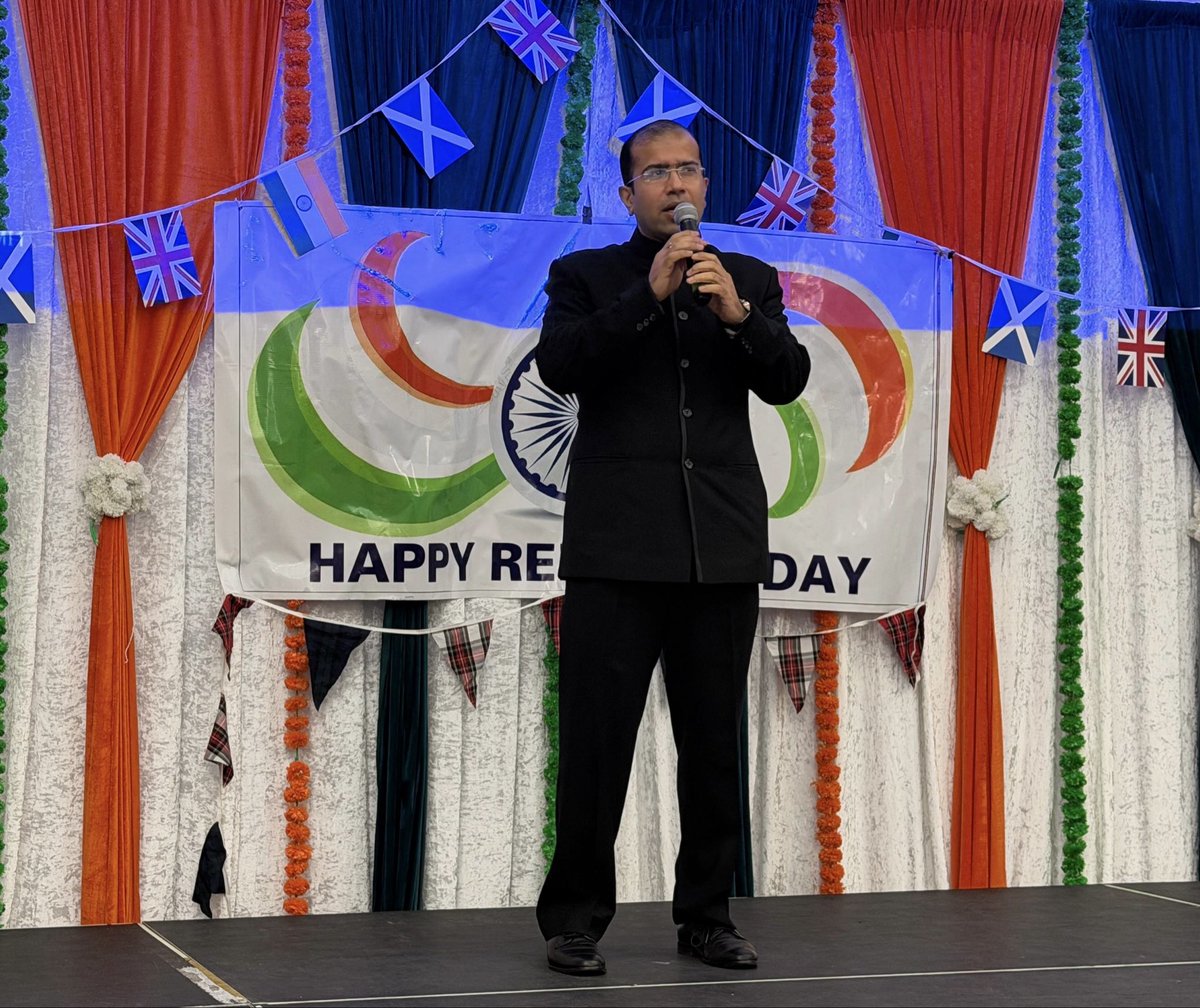 IndiaInScotland's tweet photo. Consul General was honoured to attend the 77th Republic Day of India celebration in Edinburgh, organised by the Scottish Indian Arts Forum.
He joined the Indian community and friends of India in paying tribute to the values of our Republic — justice, liberty, equality and fraternity. #77RepublicDay