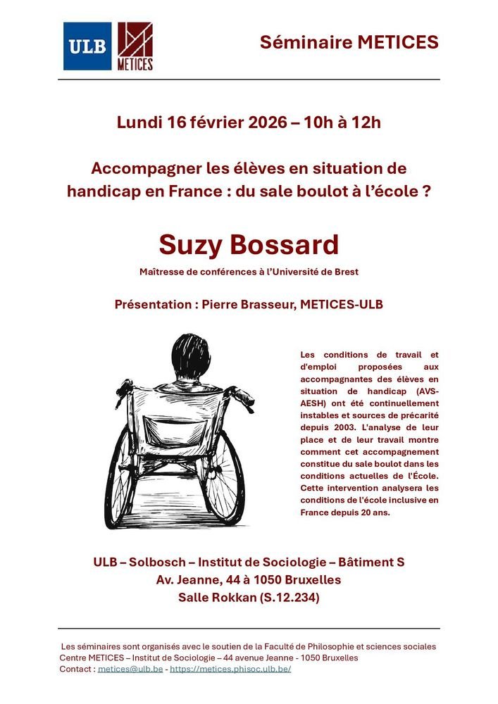 P_Brasseur's tweet photo. Lundi 16 février, 10h-12h | Séminaire METICES @ULBruxelles 
avec Suzy Bossard (@UBO_UnivBrest ) : « Accompagner les élèves en situation de handicap en France : du sale boulot à l'école ? »  https://t.co/zF7vxG37DS https://t.co/djUcyqHe0l