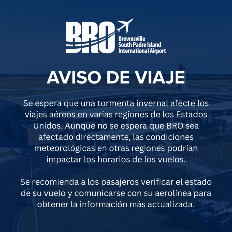 BTxRGV's tweet photo. A winter storm may impact air travel nationwide tomorrow. While BRO is not expected to be directly affected, delays or schedule changes are possible.

Passengers are encouraged to check flight status with their airline before traveling.

#TravelAdvisory #FlyBRO https://t.co/YB36Am2b2e