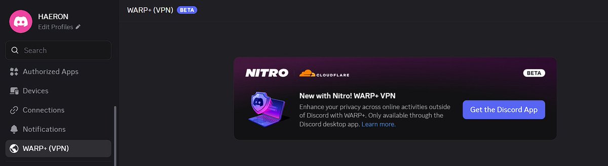 Discord gives Clodflare WARP+ with nitro on my new alt but my main doesnt get it yet 😭