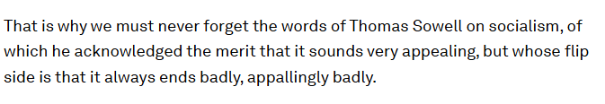 W swoim wystąpieniu w Davos Javier <a href="/JMilei/">Javier Milei</a> przywołał słowa Thomasa Sowella, sędziwego już dziś historyka ekonomii: socjalizm jawi się kusząco, ale zawsze, absolutnie zawsze kończy się dramatycznie źle. 
Poza tym Milei przywołuje Jesúsa Huertę do Soto czy Murraya Rothbarda. To