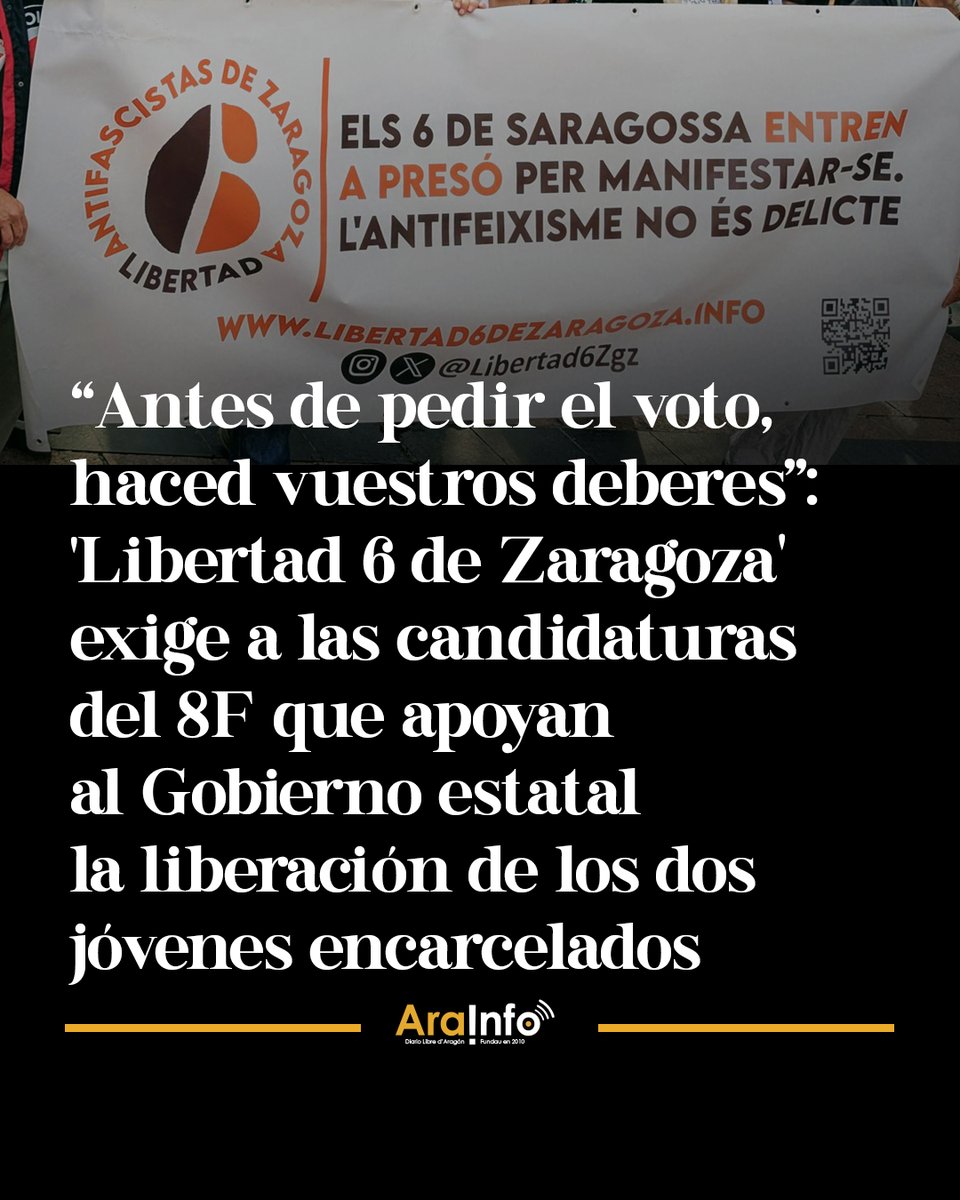 La plataforma <a href="/Libertad6Zgz/">Libertad 6 de Zaragoza</a> llama a aprovechar los actos electorales del 8F para informar sobre el caso de los seis de Zaragoza y recordar la negativa del Gobierno español a liberar a los jóvenes que siguen encarcelados: arainfo.org/?p=320237