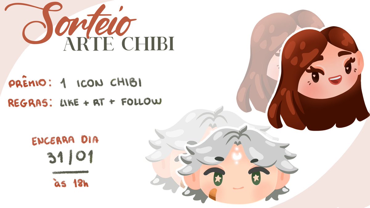 🎠SORTEIO ARTE TINY CHIBI🎠
quer um look novo pro perfil? essa é sua chance de ganhar uma arte de icon em estilo chibi super fofa!

🔑 regras:
• de RT e curta
• marque 2 perfis
• siga: <a href="/tinychini/">chini ｡𖦹°‧🐿 | comissões abertas!</a> - <a href="/Elffizita/">Elffi News 🗞️ (de férias)</a> - <a href="/HbLordh/">Lordh </a>

o sorteio se encerra no dia 31/01 às 18h. boa sorte!🎏🤍