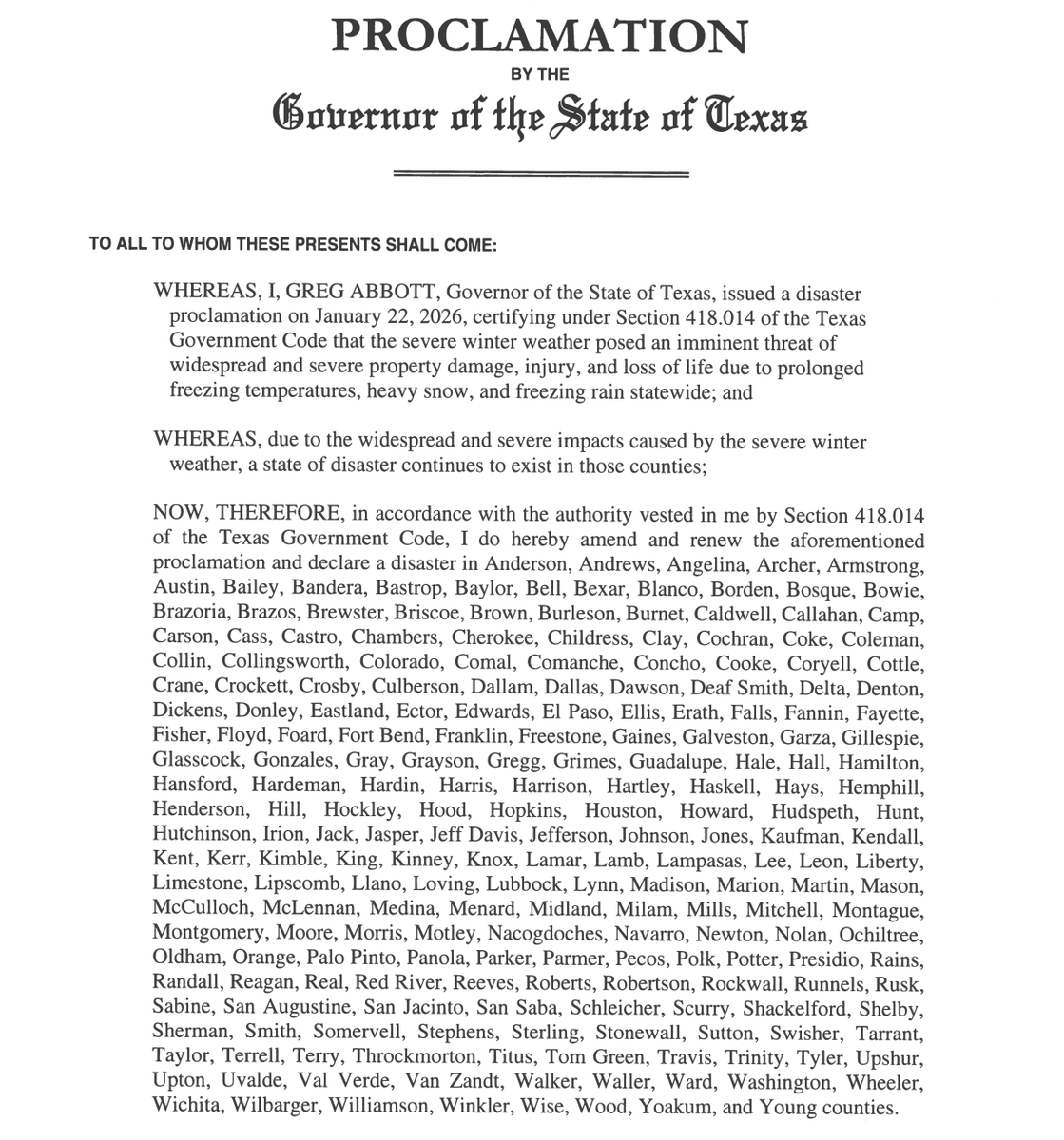 bradj_TX's tweet photo. Inbox: @GregAbbott_TX has added 85 counties to the disaster declaration for this arctic front. #txlege https://t.co/bZkvINleMx