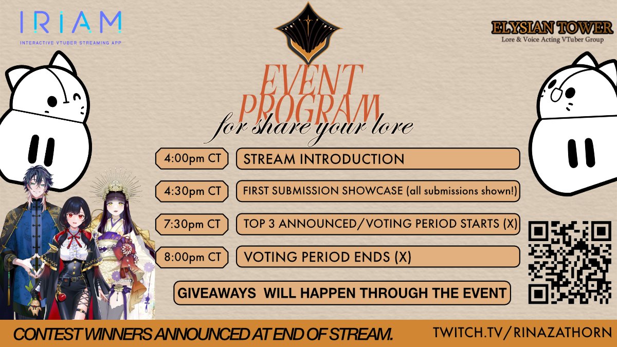 Greetings, adventurers. The "Share Your Lore" event will be held today at 4:00pm CT. Bear witness to these stories unfolding before you, and tell us which story  intrigues you most.

The Floor Bosses await in twitch.tv/rinazathorn. 

#ElysianTower #IRIAMUS