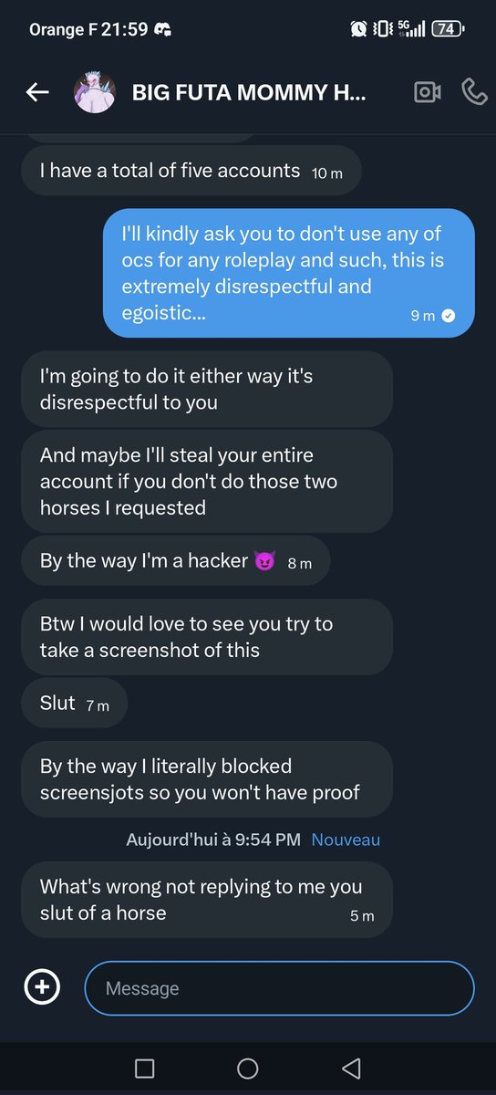 I'll kindly ask everyone to report <a href="/mommy_shimo/">BIG FUTA MOMMY HORSE/SHIMO (EVENT)</a> pls
Tried to pressure me, want to steal my ocs, insults, whatever
Block and signal that kind of annoying behavior so I can go sleep and continue my journey here
(love the "I blocked the screenshot" and I proceed to screenshot after)