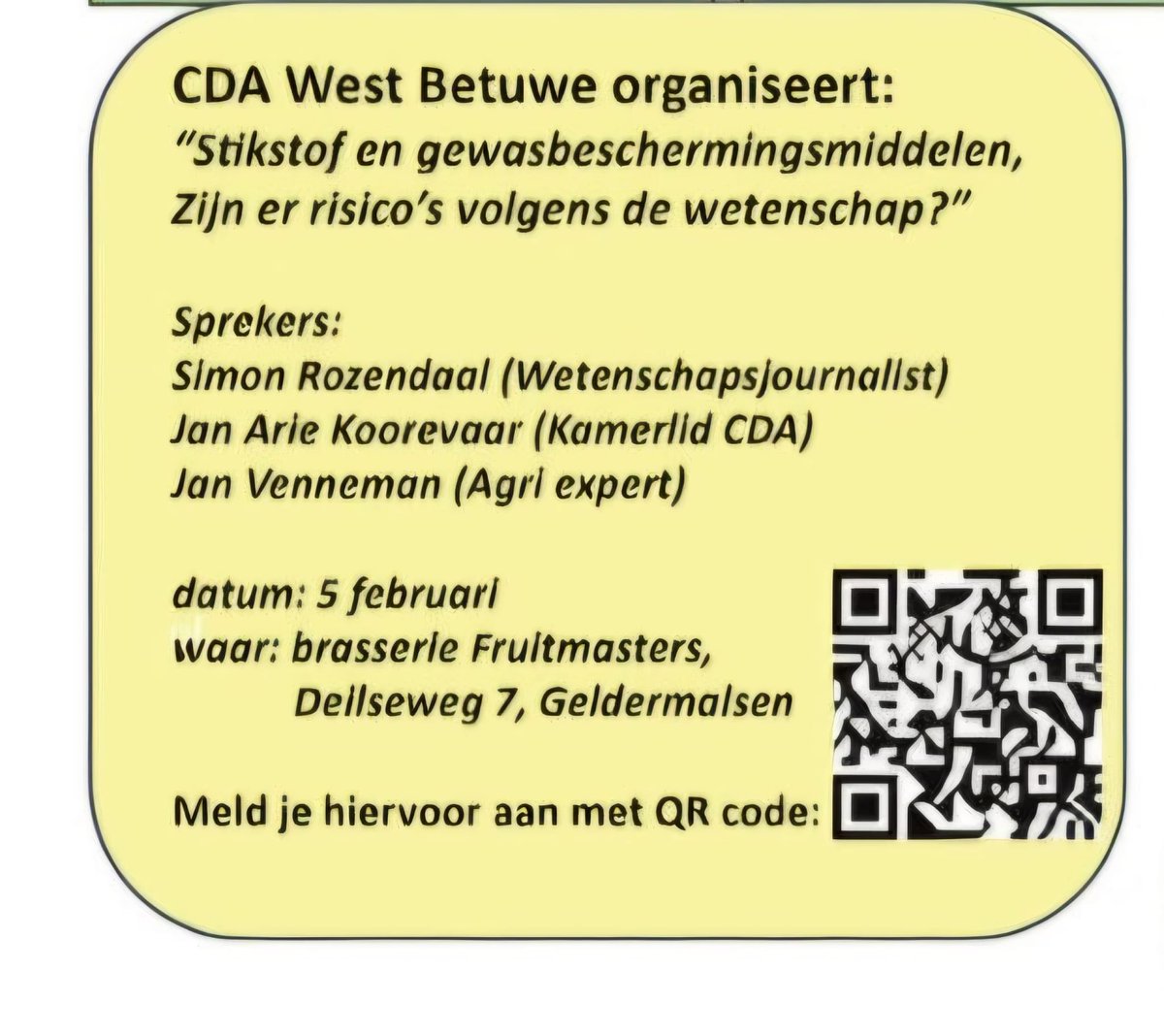 Geïnteresseerd in ‘#stikstof en #bestrijdingmiddelen’ in relatie tot onze leefomgeving? Kom dan 5 februari a.s. naar de brasserie van #Fruitmasters in #Geldermalsen voor een (inter)actieve presentatie door diverse experts!