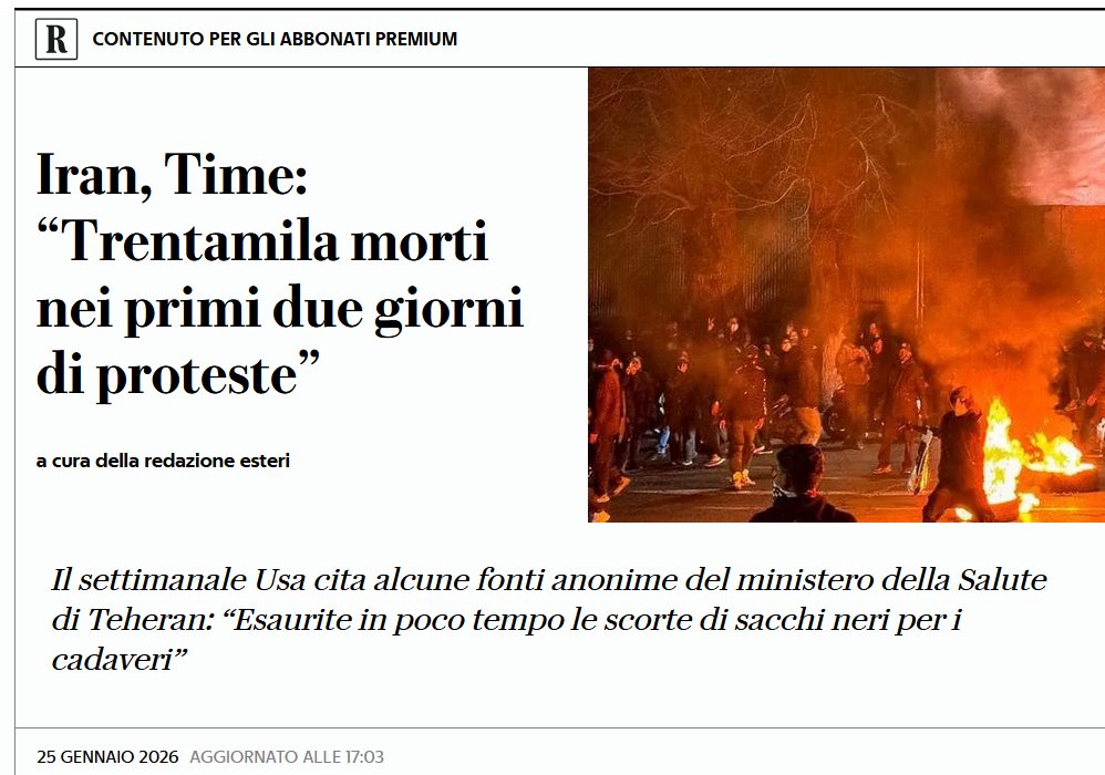I media propagandisti occidentali rilanciano la bufala dei 30.000 morti per le #IranProtests 
In pratica #Teheran avrebbe ucciso in 2 giorni la metà delle persone uccise da #Israele a #Gaza in 2 anni però senza radere al suolo nulla

Tutta preparazione all'attacco contro l'#Iran