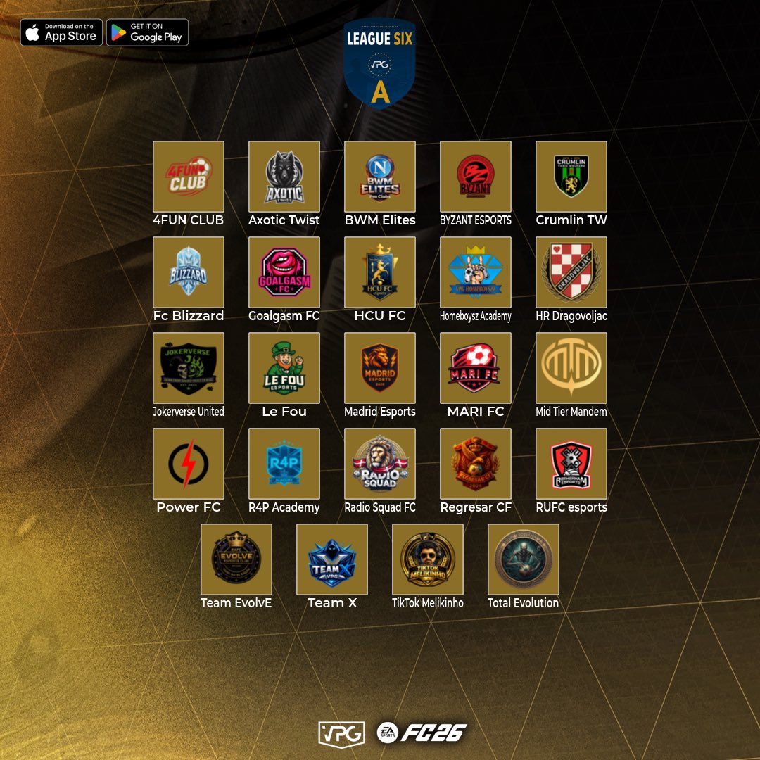 OfficialVPG's tweet photo. ⚽ Welcome to the @VPGEurope League Six A! 🇪🇺
🎮 We’re back for our second season on FC 26
🗓️ Matchdays: Mon, Tue & Thu

📋 Teams:
@4funC72273
@FcVpg89641
@ByzantEsports
@crumlin_tw
@ProjectT413388
@GgoalgasmFC
@HcuFCeSports
@madrid_esp9
@marifc2025
@MidTierMandem
@R4P11s
@RadiosquadFC
@RCFProClubs
@RUFCEsports
@EvolvE_eafc
@VPGTeamX
@tiktokmelikinho
@TotalEvoEsports

Best of luck to all teams this season.

📜 Rules: https://t.co/Y7mGkgJKdp

#FC26 #VPG #ProClubs #EAFC
#WhereTheChampionsPlay