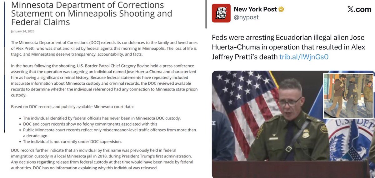 UPDATE: Minnesota Department of Corrections puts out a statement refuting Bovino’s lies about the man they say they were arresting before they killed Alex Pretti. 

The Trump regime’s lies are endless.