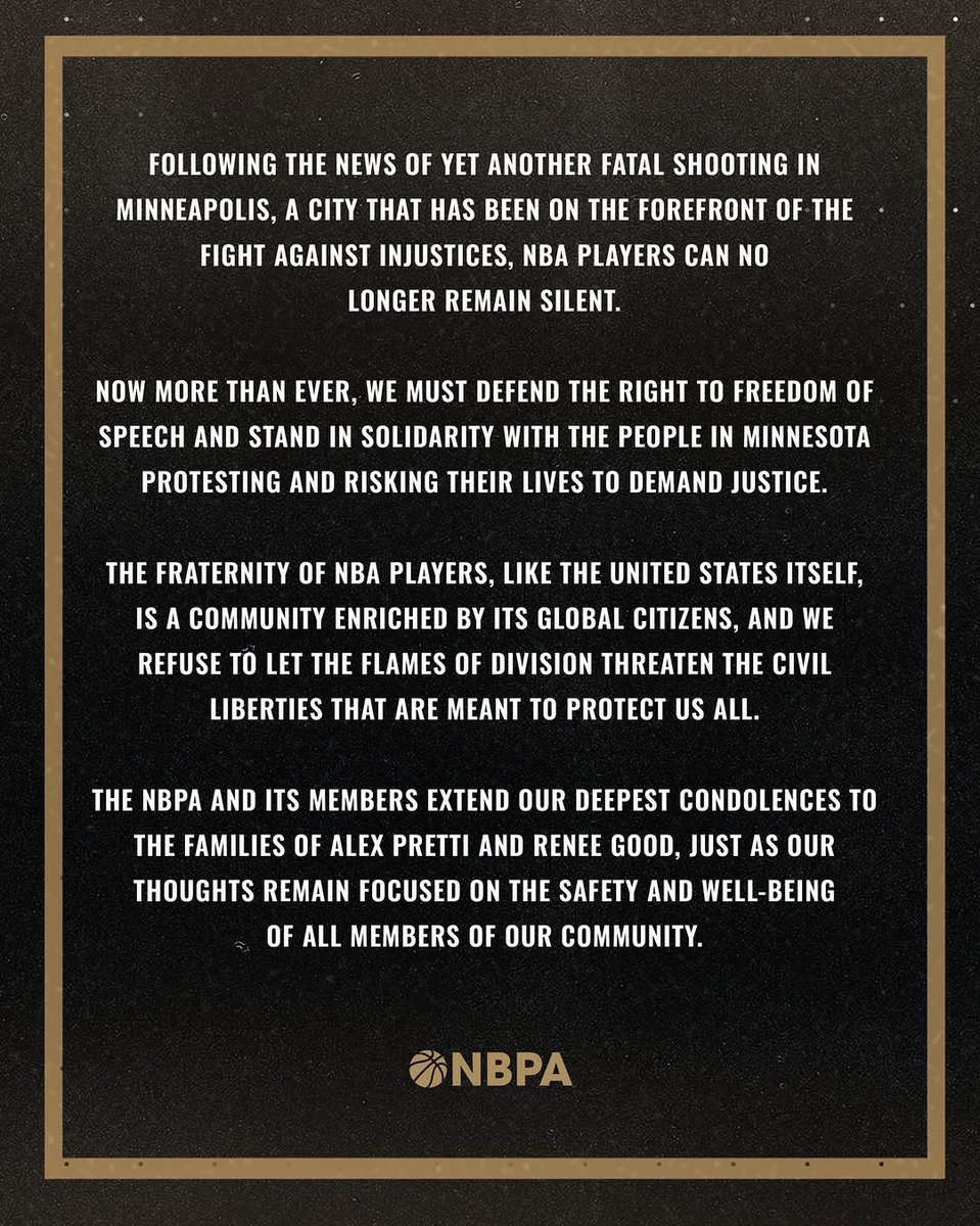 MeidasTouch's tweet image. The National Basketball Players Association releases a statement following the Trump regime’s murders of Alex Pretti and Renee Good, saying that NBA players “can no longer remain silent.”

The NBPA is standing up for free speech, civil liberties, and the people of Minnesota…