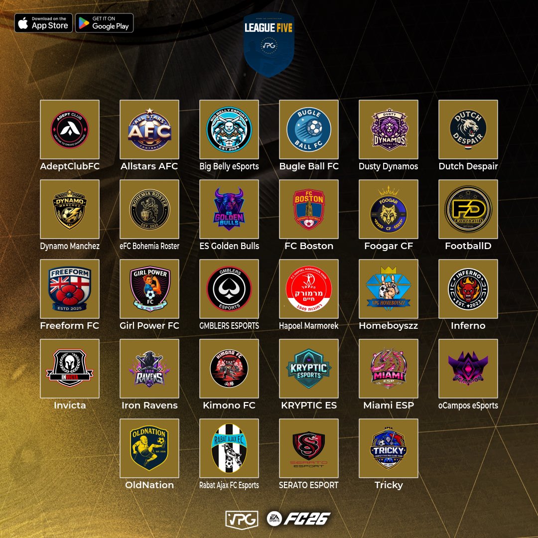 ⚽ Welcome to the <a href="/VPGEurope/">Virtual Pro Gaming | Europe</a> League Five! 🇪🇺
🎮 We’re back for our second season on FC 26
🗓️ Matchdays: Mon, Tue &amp; Thu

📋 Teams:
<a href="/AdeptClubFC/">Adept Esports FC</a>
<a href="/Allstars_AFC/">Allstars AFC</a>
<a href="/BigBellyeSports/">Big Belly eSports</a>
<a href="/BugleBallFIFA/">Bugle Ball FC</a>
<a href="/DustyDynamos/">Dusty Dynamos</a>
<a href="/VpgDespair/">Dutch Despair</a>
@DynamoManchez1
<a href="/eBohemiaRoster/">eFC Bohemia Roster</a>
<a href="/esgoldenbu80012/">es golden bulls</a>
<a href="/VPGFCBoston/">FC Boston</a>
