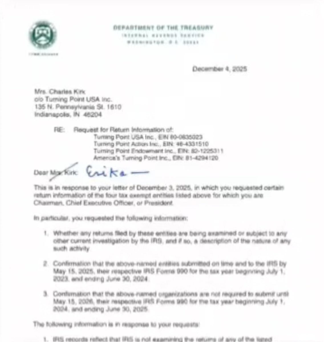 staciburk's tweet image. I am more shocked and surprised that anyone could write to the Department of Treasury about their taxes and get a response the very next day from the top brass. 

Has the Treasury ever responded that quickly, even if the letter was from POTUS himself, any other time in history?