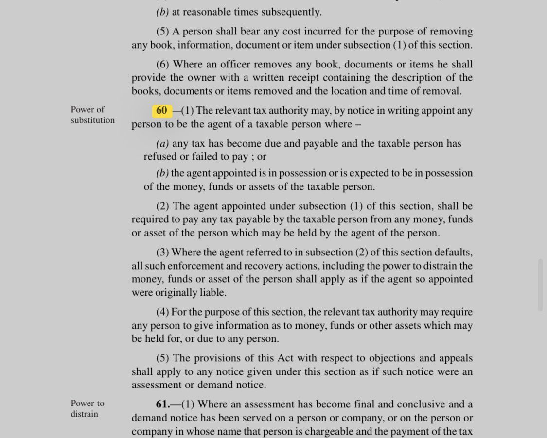 Taxexplainedng's tweet image. Simplifying Sec 60 NTAA: 

If you're owed taxes &amp;amp; won't pay, LIRS can make your bank/tenant/employer your "agent" to pay directly from your funds. 

They must comply or face heat. Can request fund details too. 

Objections/appeals apply. Smart enforcement! #NigeriaTaxReforms