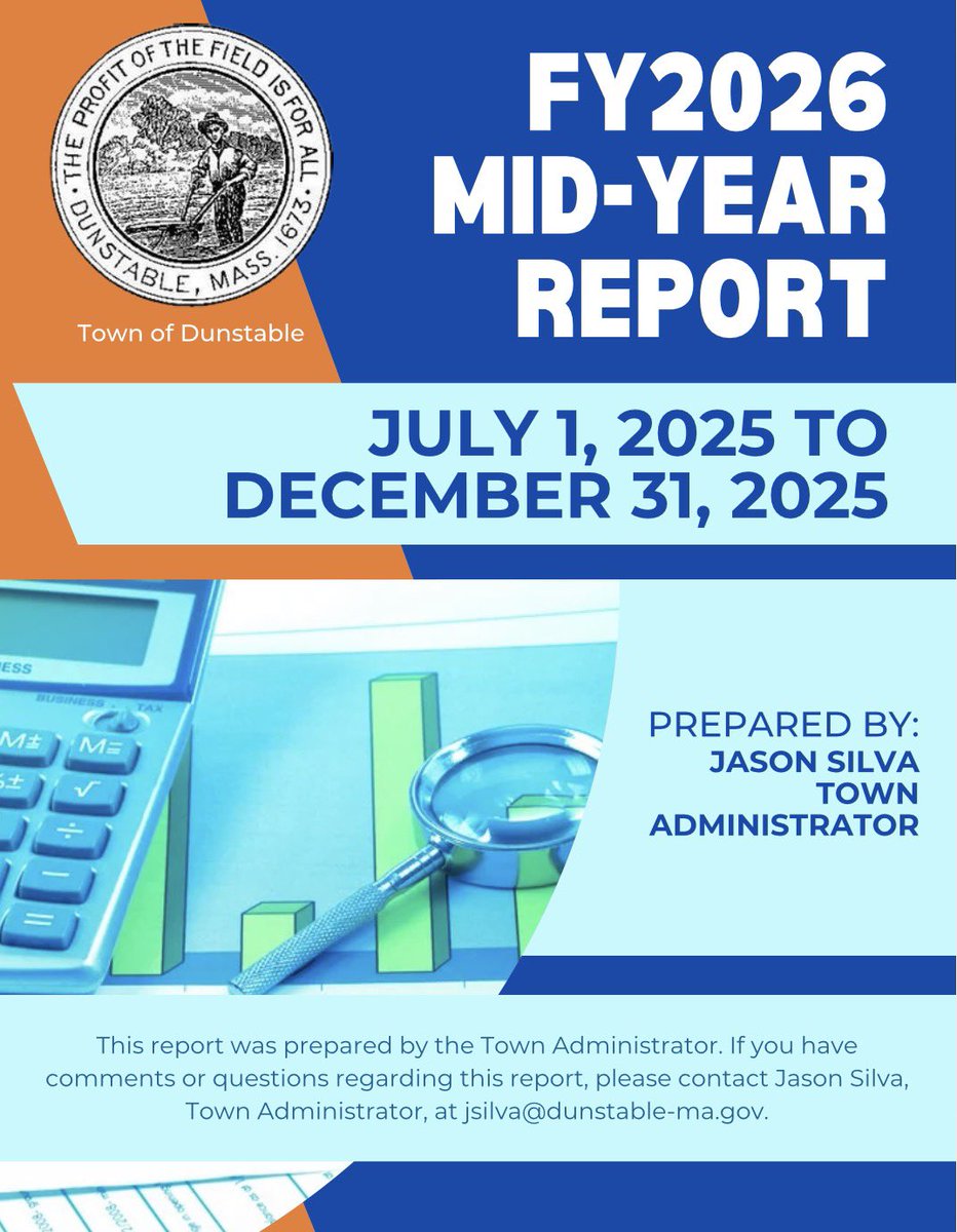 JaSizz's tweet photo. As part of our commitment to transparency and keeping residents informed, the Town of Dunstable shares the FY2026 Mid-Year Financial Report. This report offers a summary of revenue and expenditure trends in comparison to the approved budget. Full report: https://t.co/FDNiZbRerC. https://t.co/Cys29fRiRG