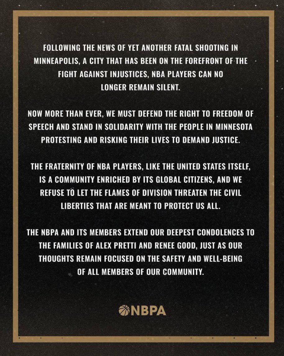 RpsAgainstTrump's tweet image. Statement from the NBA Players Association:

“Following the news of yet another fatal shooting in Minneapolis, a city that has been on the forefront of the fight against injustices, NBA players can no longer remain silent.

Now more than ever, we must defend the right to freedom…