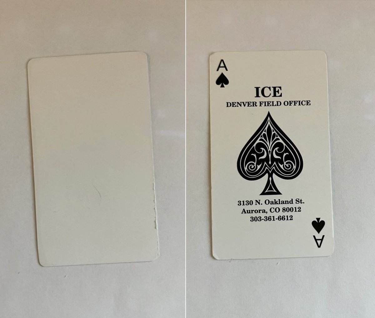 SethAbramson's tweet image. ICE agents in Colorado have been leaving ace of spades cards behind when they detain someone, a psychological warfare technique the United States Armed Forces used against its mortal enemies during the Vietnam War. If you don't think Trump is at war with his country, think again.