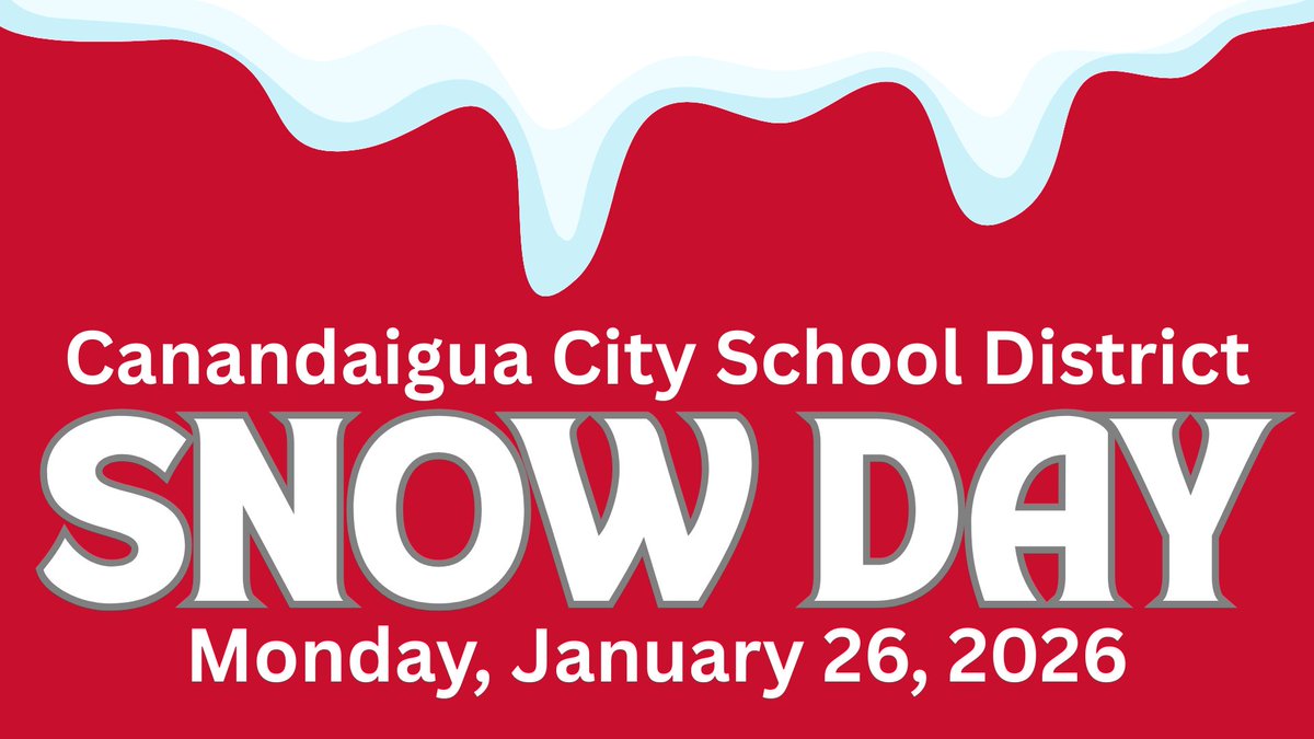 The Canandaigua City School District will have a SNOW DAY on Monday, January 26. Thank you for your patience, be safe and stay warm! 
#CanandaiguaProud