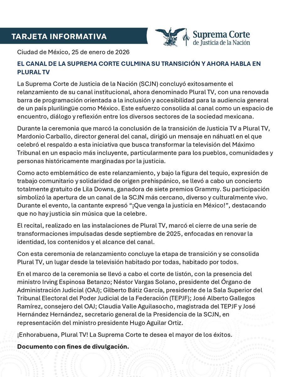 Tarjeta Informativa | El canal de la Suprema Corte culmina su transición y se consolida como <a href="/PluralTV_MX/">Plural TV</a>.

¡Enhorabuena, el mayor de los éxitos!