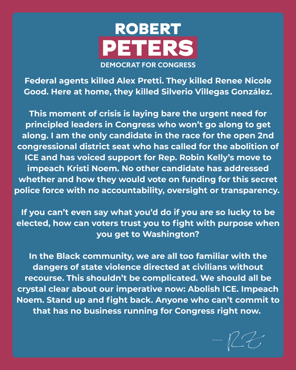 RobertJPeters's tweet photo. This isn’t complicated. My opponents should be able to say clearly and directly where they stand when it comes to funding ICE and impeaching Kristi Noem. 

The fact that they haven’t says it all. https://t.co/f7fJ7i0NM3