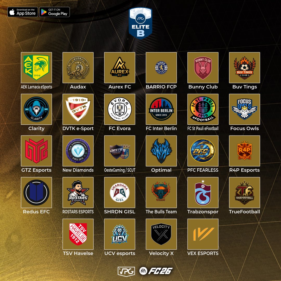 ⚽ Welcome to the <a href="/VPGEurope/">Virtual Pro Gaming | Europe</a> Elite B! 🇪🇺
🎮 We’re back for our second season on FC 26
🗓️ Matchdays: Mon, Tue &amp; Thu

📋 Teams:
@AUDAx11
<a href="/AurexFC/">Aurex FC</a>
<a href="/BarrioFCP/">BARRIO FCP</a>
<a href="/bunnyclubfc/">Bunny Club</a>
<a href="/BuvTings_VPG/">Buv Tings</a>
<a href="/ClarityEAFC/">Clarity</a>
<a href="/DvtkE37783/">DVTK eSport</a>
<a href="/FcEvora/">F.C Évora</a>
<a href="/FCInter2013/">Inter 2013</a>
<a href="/fcspefootball/">FC St. Pauli eFootball</a>
<a href="/FocusVFC/">Focus Owls 🦉</a>
<a href="/GislXIX/">SHRDN GISL</a>
<a href="/GTZEsports/">GTZ Esports</a>