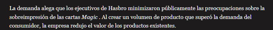 RapsoloM's tweet photo. ⚠️[NOTICIA]⚠️ Demanda contra HASBRO

👨‍⚖️Accionistas demandan al CEO Chris Cocks y ex presidenta de WotC por los siguientes motivos: 

🔸Inventario ingente en almacenes sobrane.
🔸Exceso masivo impresión.
🔸Incumplimiento de deberes fiduciarios.
🔸Violaciones a leyes de valores y enriquecimiento injusto.
🔸Gross mismanagement.
🔸Desperdicio de activos y abuso de control. 
🔸Declaraciones falsas/engañosas a inversores.
🔸Depreciación y recompra de acciones infladas (~$56M en perjuicio).

❌Demanda presentada el 21/1/2026 

Fuente: Polygon
