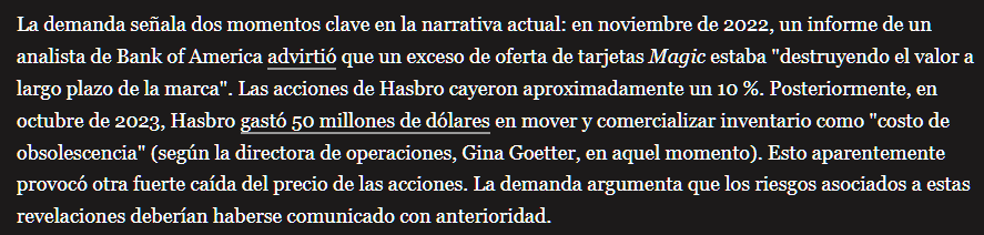 RapsoloM's tweet photo. ⚠️[NOTICIA]⚠️ Demanda contra HASBRO

👨‍⚖️Accionistas demandan al CEO Chris Cocks y ex presidenta de WotC por los siguientes motivos: 

🔸Inventario ingente en almacenes sobrane.
🔸Exceso masivo impresión.
🔸Incumplimiento de deberes fiduciarios.
🔸Violaciones a leyes de valores y enriquecimiento injusto.
🔸Gross mismanagement.
🔸Desperdicio de activos y abuso de control. 
🔸Declaraciones falsas/engañosas a inversores.
🔸Depreciación y recompra de acciones infladas (~$56M en perjuicio).

❌Demanda presentada el 21/1/2026 

Fuente: Polygon