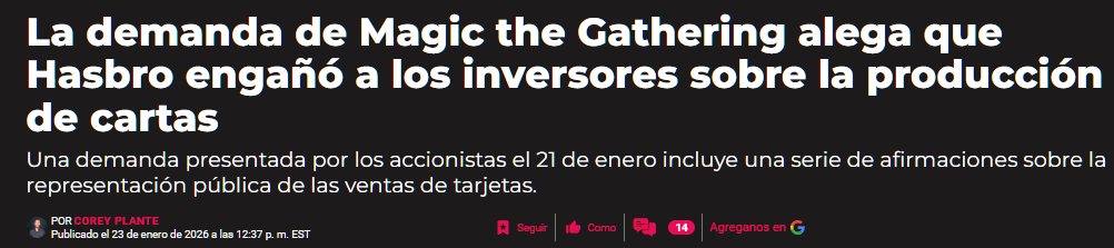 RapsoloM's tweet photo. ⚠️[NOTICIA]⚠️ Demanda contra HASBRO

👨‍⚖️Accionistas demandan al CEO Chris Cocks y ex presidenta de WotC por los siguientes motivos: 

🔸Inventario ingente en almacenes sobrane.
🔸Exceso masivo impresión.
🔸Incumplimiento de deberes fiduciarios.
🔸Violaciones a leyes de valores y enriquecimiento injusto.
🔸Gross mismanagement.
🔸Desperdicio de activos y abuso de control. 
🔸Declaraciones falsas/engañosas a inversores.
🔸Depreciación y recompra de acciones infladas (~$56M en perjuicio).

❌Demanda presentada el 21/1/2026 

Fuente: Polygon