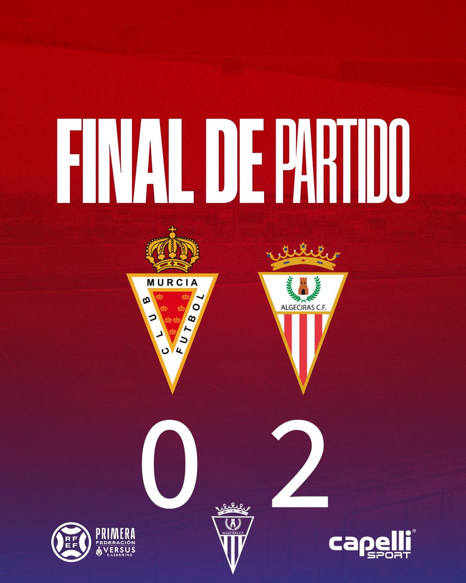 𝐅𝐈𝐍𝐀𝐋 | <a href="/realmurciacfsad/">Real Murcia CF</a> 0 <a href="/AlgecirasCF/">Algeciras CF</a> 2.

✅ ¡𝐘𝐚 𝐥𝐚 𝐭𝐞𝐧𝐞𝐦𝐨𝐬 𝐲 𝐞𝐬 𝐧𝐮𝐞𝐬𝐭𝐫𝐚!

𝘼𝙨𝙖𝙡𝙩𝙖𝙢𝙤𝙨 el Enrique Roca de #Murcia y nos llevamos tres puntos de oro para seguir luchando por el objetivo.

Disfrútenla. Todo es por vosotros.

#RealMurciaAlgecirasCF