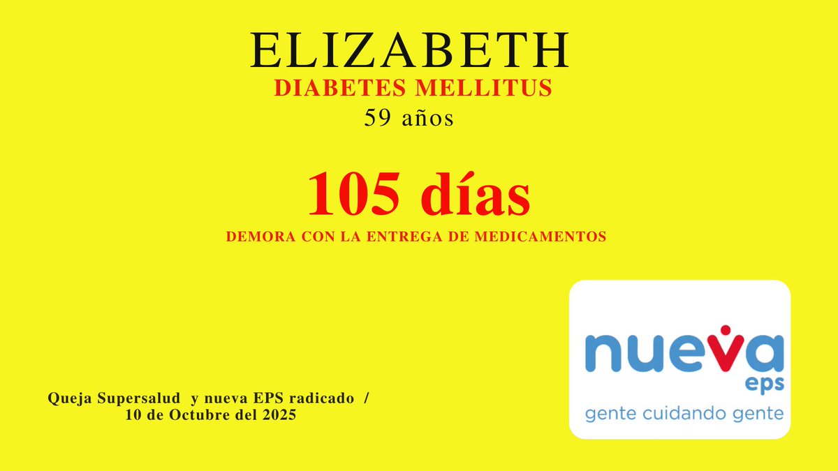 🚨 105 días sin medicamentos 🚨

Elizabeth, 59 años, vive con diabetes mellitus.
Lleva 105 días esperando la entrega de sus medicamentos.

En diabetes, interrumpir el tratamiento provoca descompensaciones graves y complicaciones evitables.
Esto no es un retraso administrativo, es