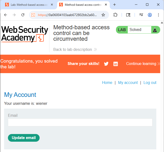 StellaObatoye's tweet photo. Day 25
Happy Sunday

Completed a lab on @PortSwigger.
Lab: Method-based access control can be circumvented
Task: Exploiting the flawed access controls to promote yourself to become an administrator.

#OneCybersecurityThingADay https://t.co/uRBZ8CuK5e