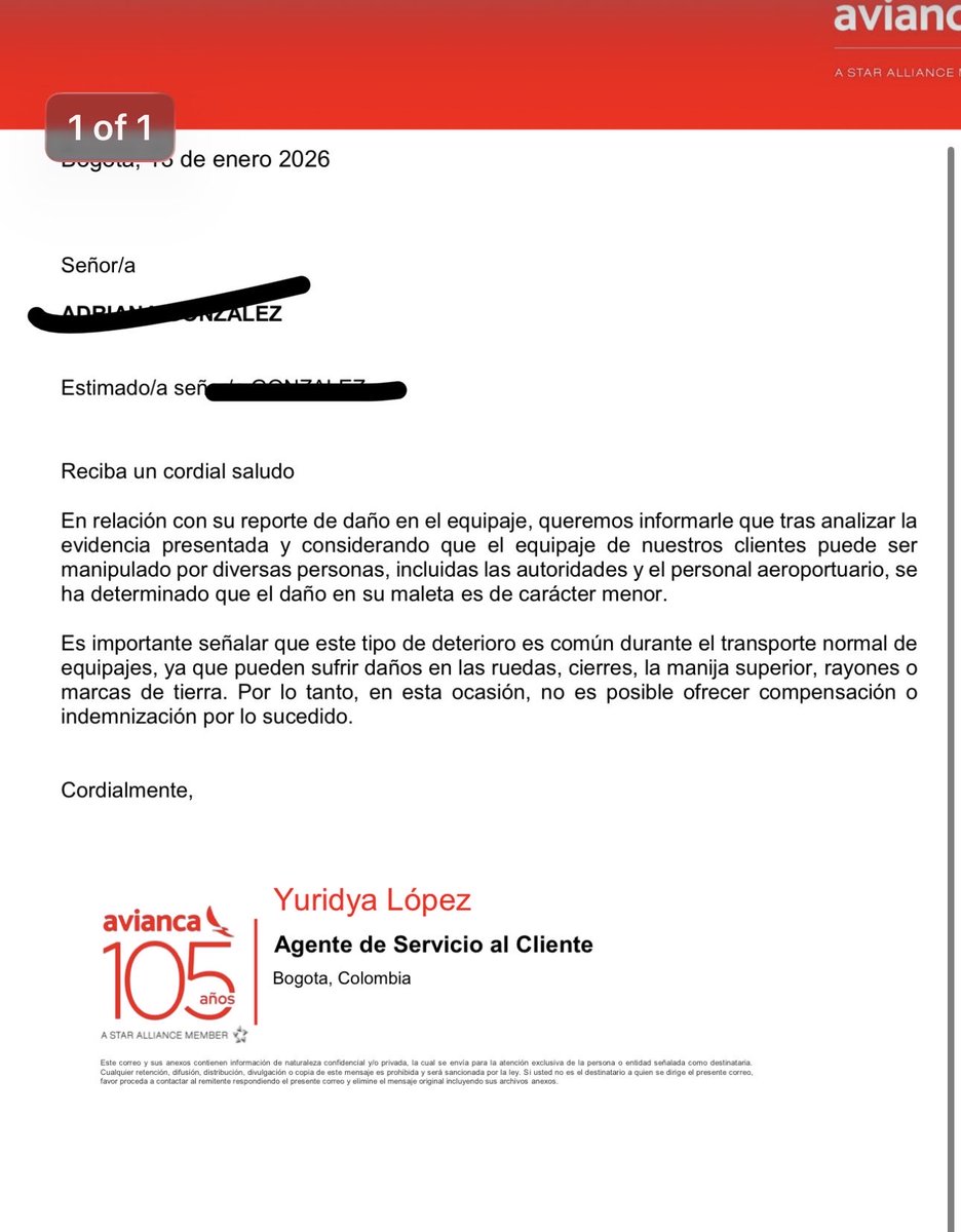 Sres <a href="/avianca/">avianca</a> segun su criterio el que llegue una maleta sin una rueda es una daño menor? Que es entonces un daño mayor? Han intendo arrastrar una maleta sin una rueda?