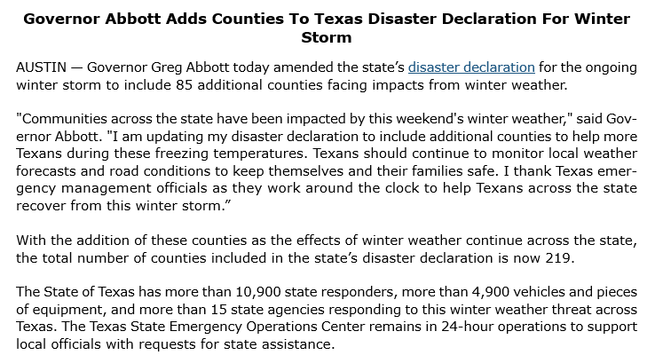 Today, Gov. <a href="/GregAbbott_TX/">Greg Abbott</a> expanded his disaster declaration by 85 counties to ensure communities can easily access state emergency resources during this winter weather event. 

Texans should continue monitoring weather &amp; road conditions &amp; heed warnings of local officials.