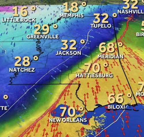 No greater example of how stupid weather is in Mississippi. This was a temperature map from the state mid morning. 

Jackson and north in a massive deep freeze. Just south of Jackson in the 60s and 70s.