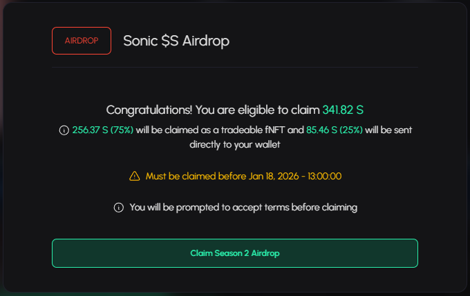 tomdumoulin_eth's tweet photo. Sonic Season 2 $S airdrop just dropped — 25% unlocked right away and it feels GREAT.  
If you’ve been building up points on the low, now’s the moment to peek at your status.  

🪂 https://t.co/ut5mf2lBQe  

Some wallets are way ahead without even knowing it.  

$NB $MET