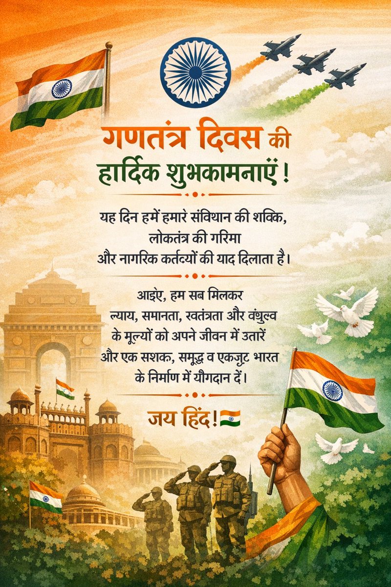 गणतंत्र दिवस की हार्दिक शुभकामनाएँ।
यह दिन हमें हमारे संविधान की शक्ति,
लोकतंत्र की गरिमा
और नागरिक कर्तव्यों की याद दिलाता है।
आइए, हम सब मिलकर
न्याय, समानता, स्वतंत्रता और बंधुत्व
के मूल्यों को अपने जीवन में उतारें
और एक सशक्त, समृद्ध व एकजुट भारत के निर्माण में योगदान दें।
जय