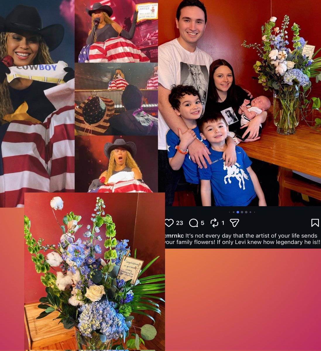 Beyoncé sent flowers to congratulate the family she helped with a gender reveal at the COWBOY CARTER Tour after welcoming their cowboy 🤠❤️