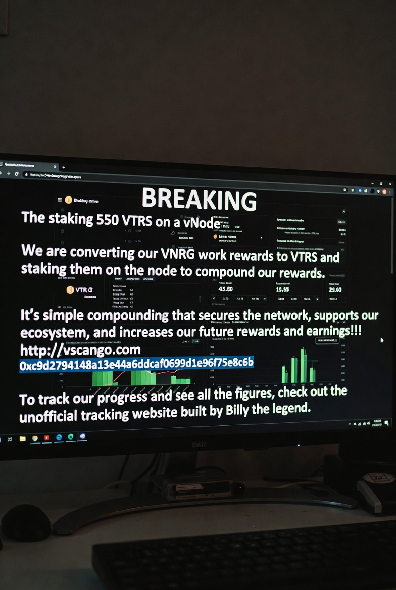 ** BREAKING vNODE NEWS **

550 VTRS has been staked on our vNode!

We are converting our VNRG work rewards to VTRS and staking them on the node to compound our rewards. It's simple compounding that secures the network, supports our ecosystem, and increases our future rewards and