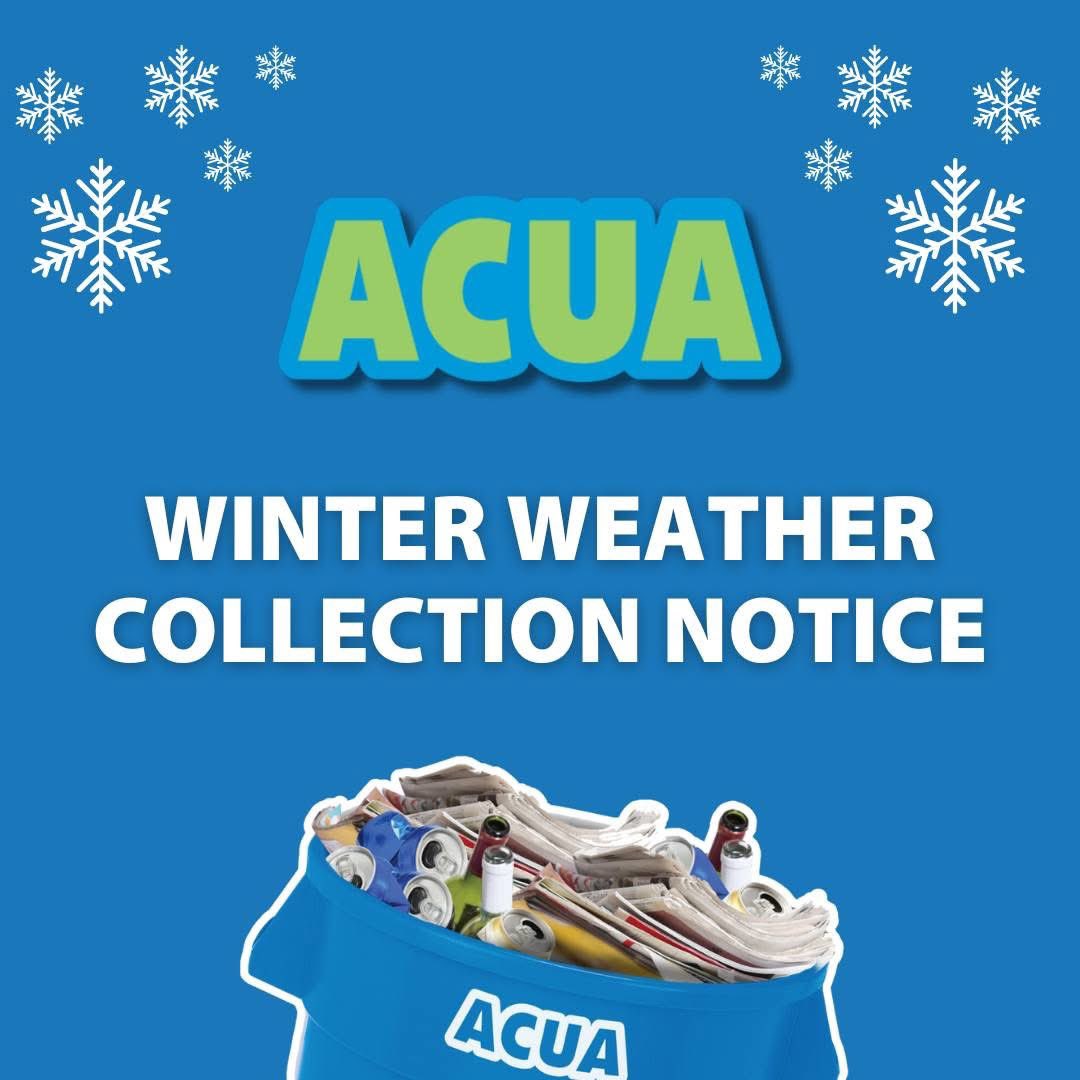 There will be no ACUA collections on Monday, January 26, 2026. 

Residents with a Monday collection day should place items out on Tuesday, January 27, instead. 

Residents with collections scheduled Tuesday through Friday should place items out on their regularly scheduled day.