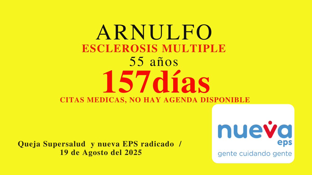 157 días sin citas médicas 🚨

Arnulfo, 55 años, vive con esclerosis múltiple.
Lleva 157 días sin citas médicas porque no hay agenda disponible.

En enfermedades neurológicas, la falta de control oportuno acelera el deterioro.
No agendar citas también es negar atención.