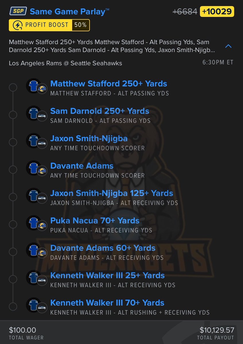 MrBearBets's tweet image. $10,000+ Rams @ Seahawks Parlay ⭐️

My DMs are totally collapsed just going to post it so everyone can tail, absolutely loving the numbers here 👊🏼