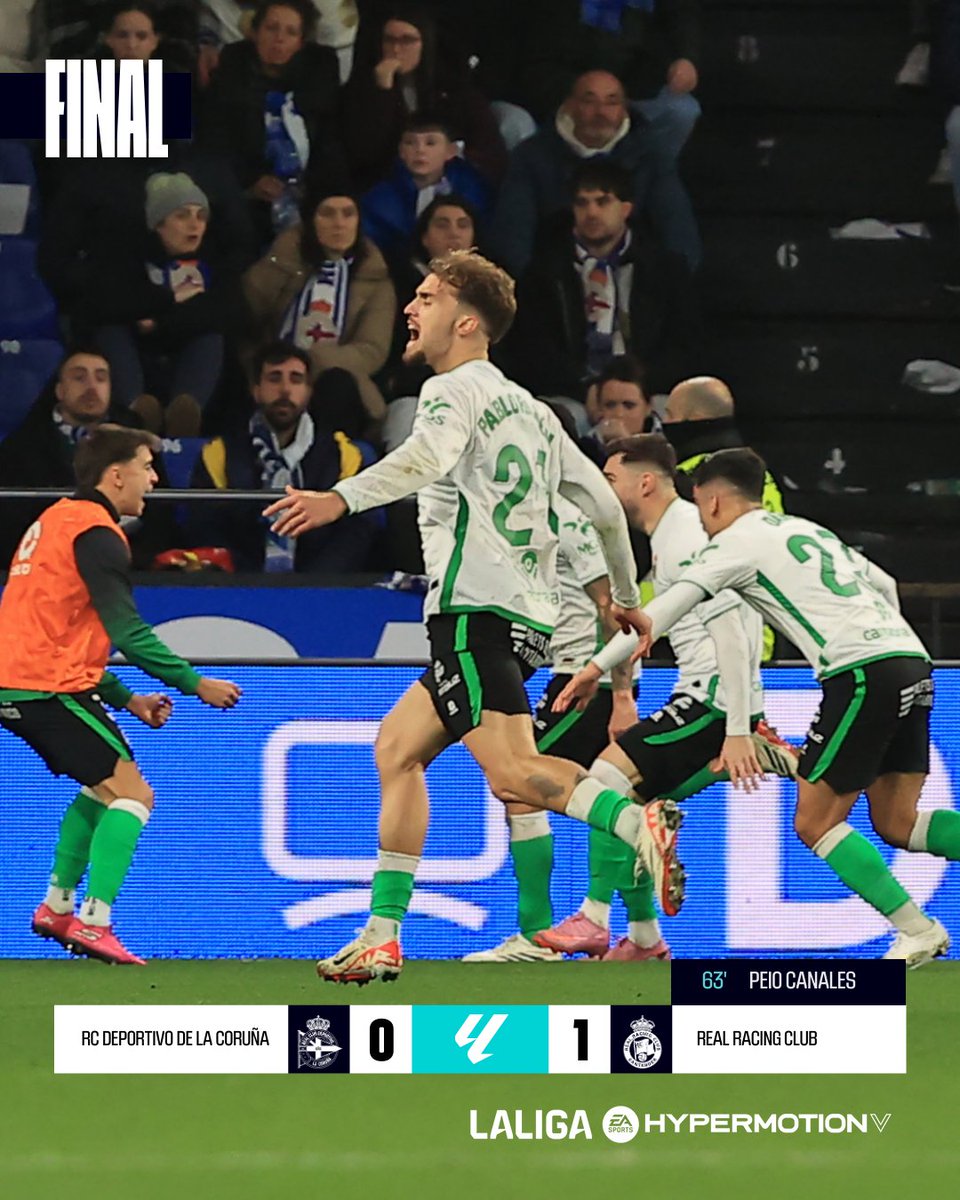 LaLiga2's tweet photo. FINAL #DéporRacing 0-1

💚 Un gol de Peio Canales da el triunfo al @realracingclub en el ABANCA-RIAZOR.

#LALIGAHYPERMOTION https://t.co/Iad9KHs1b6