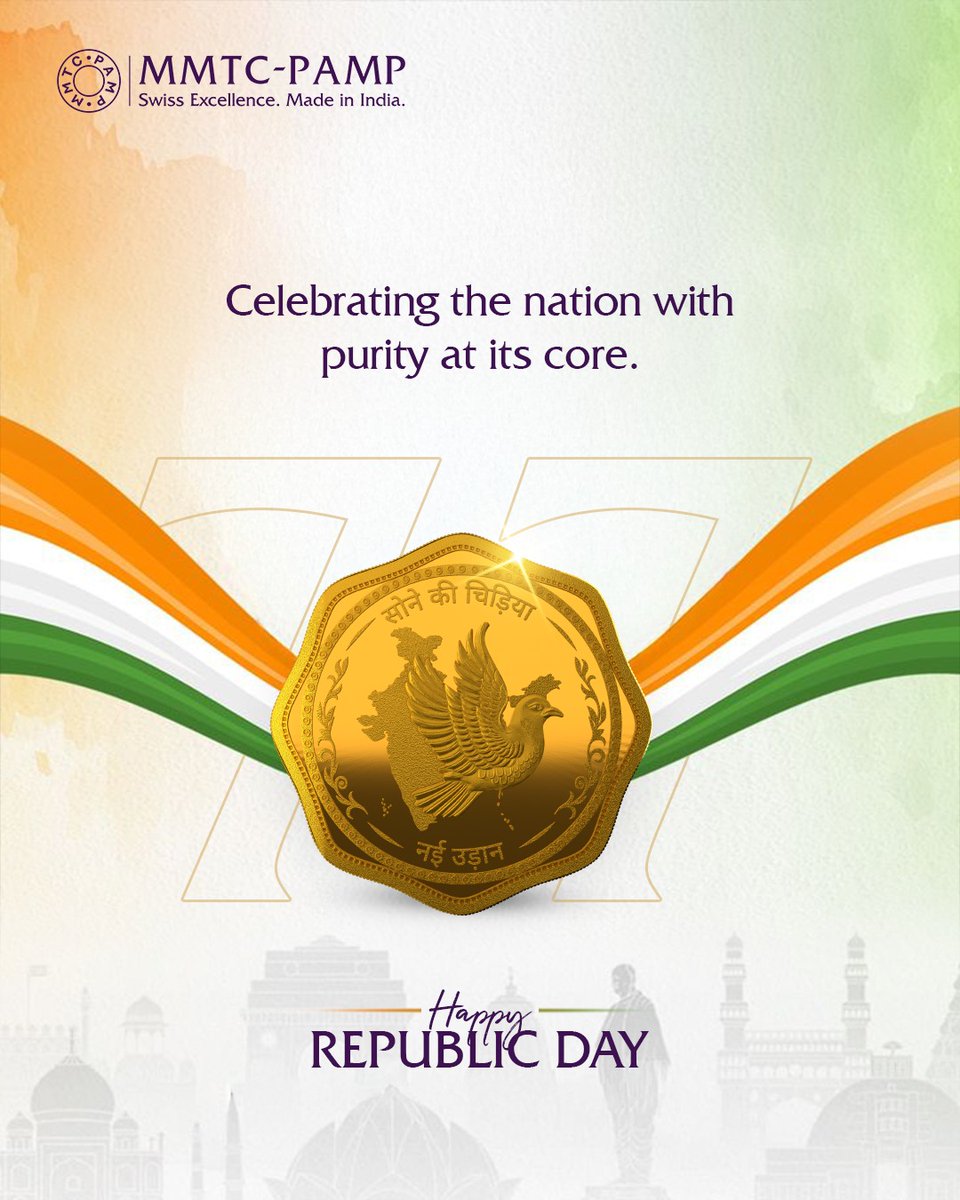 This Republic Day, we celebrate India as a nation that has always believed in the permanence of gold and silver. We are proud to uphold this legacy with purity, trust, and integrity. Jai Hind!

#MMTCPAMP #PurestAndMore #PurestGold #PurestSilver #LBMA #HappyRepublicDay #JaiHind