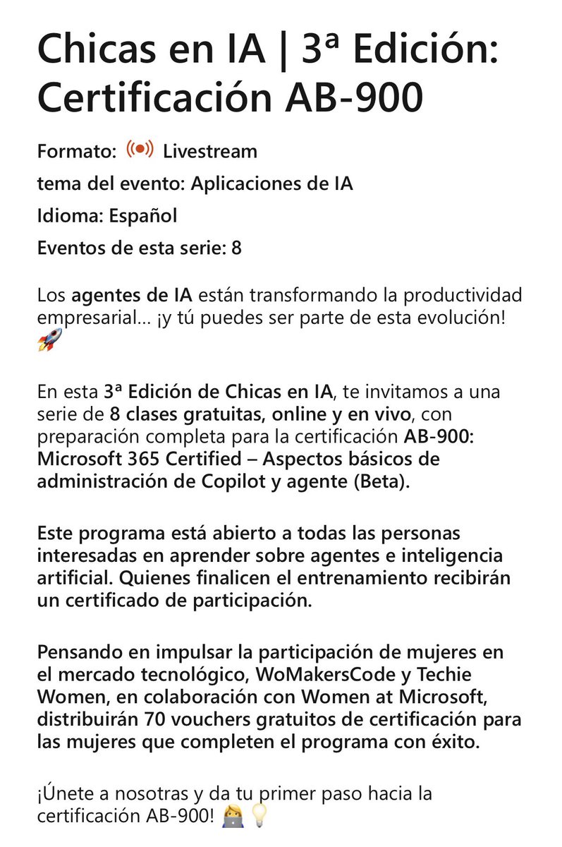 🔥 Microsoft lanzó nuevo curso de IA 

Fundamentos de Copilot y agentes 🤖
✅ Gratis | Español | Certificado
🧠 IA generativa → creación de agentes
📅 Desde el 11 de febrero

👉 developer.microsoft.com/es-es/reactor/…

Nunca paramos de aprender 🔥
#IA #Copilot #DevOps #RoxsOnFire