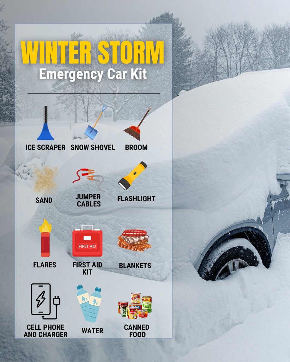 After the winter storm has passed and when it's safe to be on the road, don't venture out without your emergency car kit. ⤵️