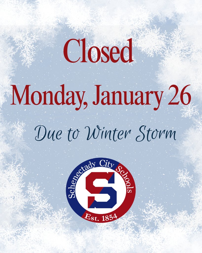 SCSchools's tweet photo. Due to the winter storm and poor travel conditions forecasted through Monday afternoon, schools will be closed tomorrow, Monday, January 26.   Please be warm and stay safe. https://t.co/mXKtlM2yYp