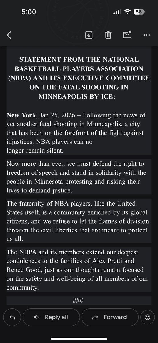 NBA Players Association and its executive committee issues statement on fatal shooting in Minneapolis by ICE:
