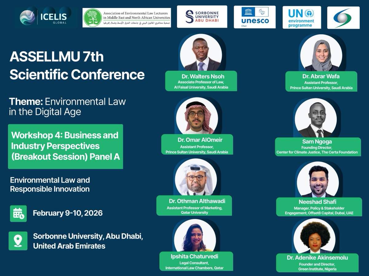 icelisglobal's tweet image. We are happy to introduce the speakers for Panel A of workshop 4: Business and Industry Perspectives during the 7th Association of Environmental Law Lecturers in Middle East and North African Universities (@ASSELLMU) Scientific Conference.

The panel will explore how business…